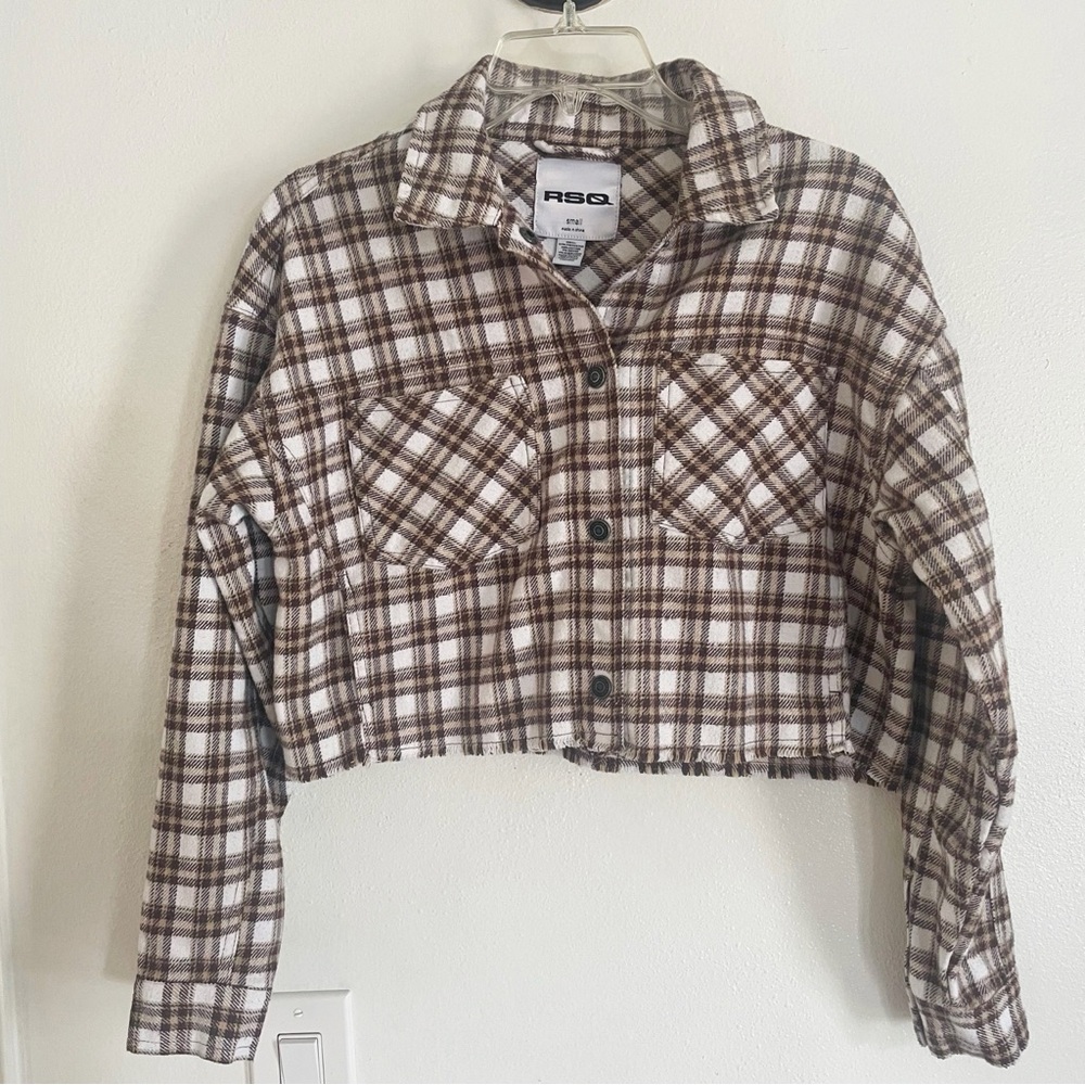 RSQ Plaid Raw Hem Crop Shirt Jacket Size Small Western Gorpcore